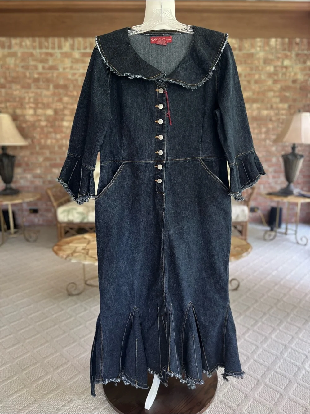 Goddess Trend Denim Midi Maxi Raw Asymmetrical Hem Dress 14 NWOT Cottagecore